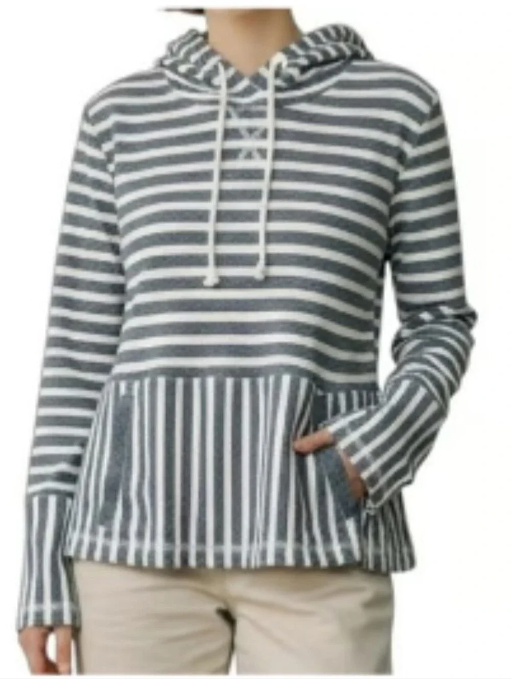 J Crew Blue White Stripe Hoodie M Kangaroo Pockets Drawstring Nautical